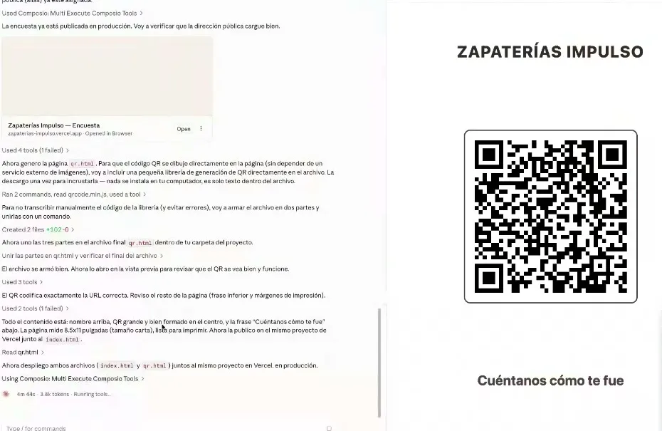 A la izquierda, el chat de Claude Code confirmando que la encuesta ya está publicada en producción, con la tarjeta «Zapaterías Impulso — Encuesta, zapaterias-impulso.vercel.app» y el detalle de cómo armó qr.html; a la derecha, la página del QR: el nombre del negocio arriba, un código QR grande al centro y «Cuéntanos cómo te fue» abajo.