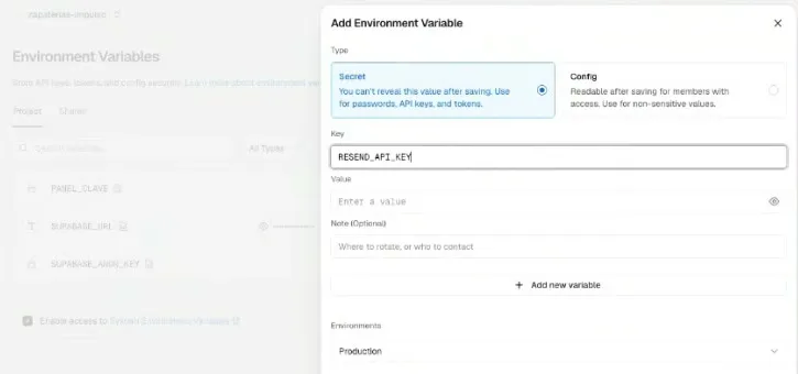 La página Environment Variables del proyecto en Vercel con el diálogo «Add Environment Variable» abierto: tipo Secret, Key RESEND_API_KEY, el campo Value vacío, Environments en Production. Detrás, desenfocadas, las variables que Claude ya había creado: PANEL_CLAVE, SUPABASE_URL y SUPABASE_ANON_KEY.
