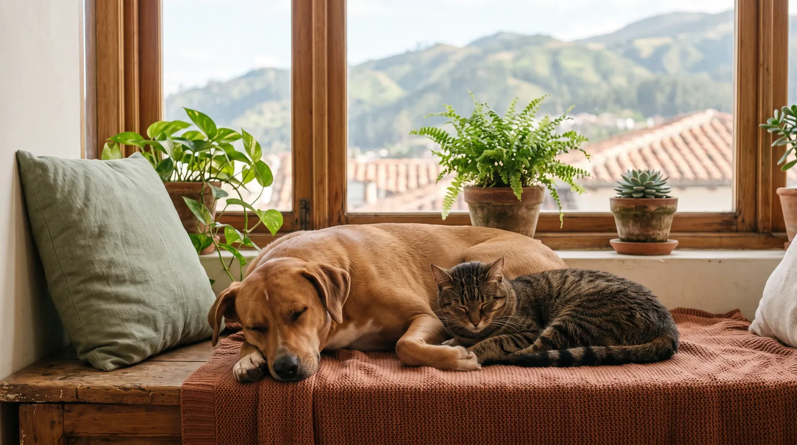 Mora, una perra mestiza color canela, y Lenteja, un gato atigrado, duermen la siesta sobre una manta terracota junto a una ventana con plantas.
