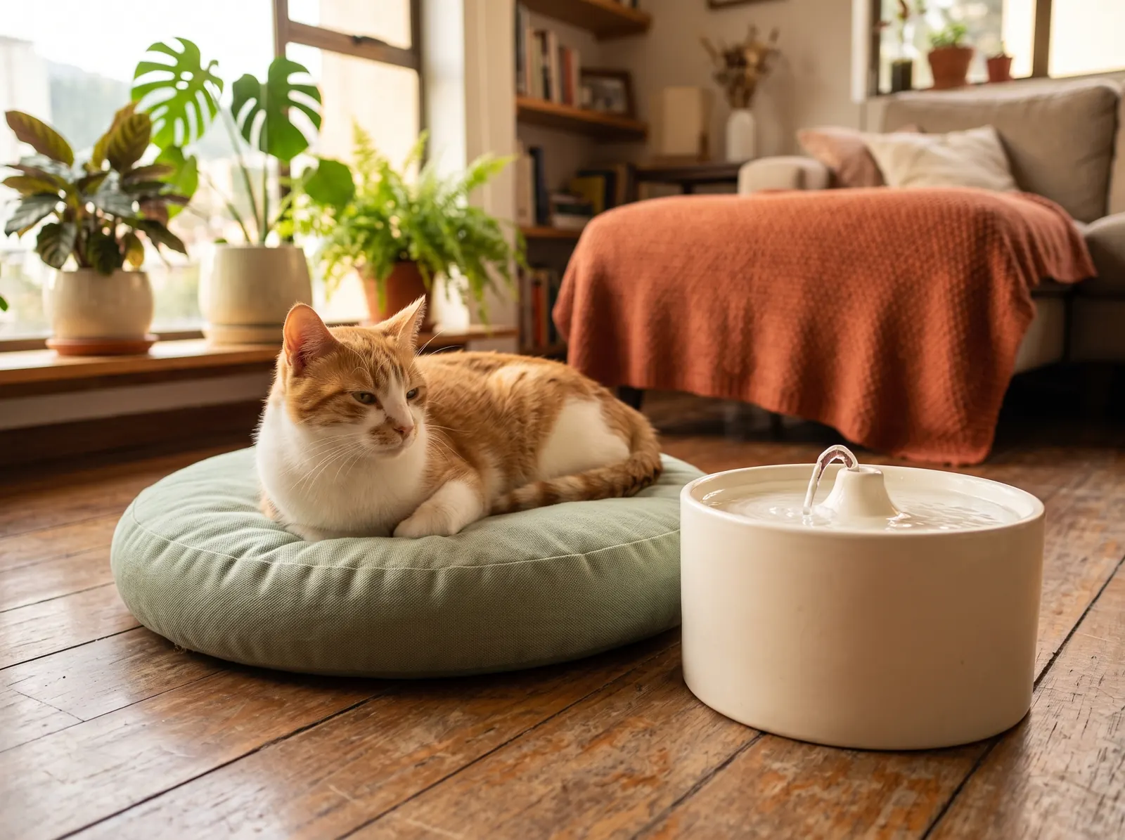 Un gato mestizo naranja y blanco descansa en un cojín salvia junto a una fuente de agua de cerámica crema, con luz de tarde.