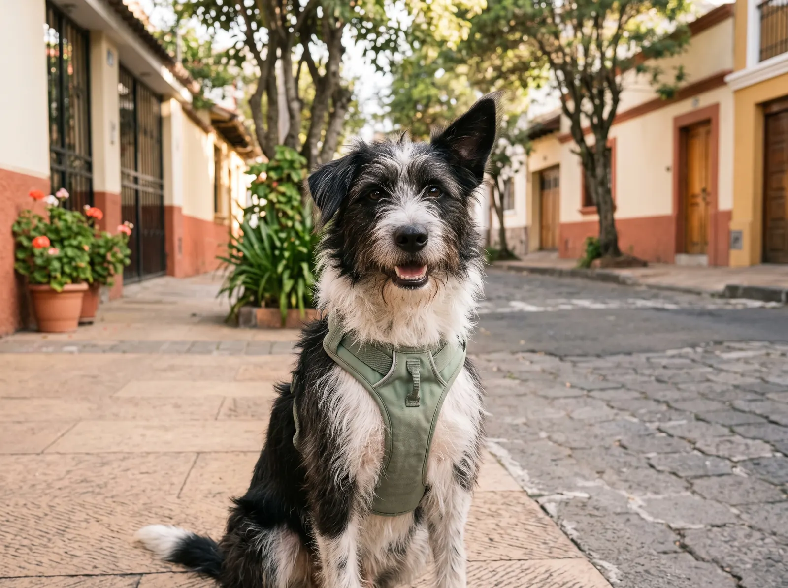 Un perro mestizo blanco y negro, con un arnés acolchado salvia, sentado en una vereda de barrio con árboles, mira a la cámara.