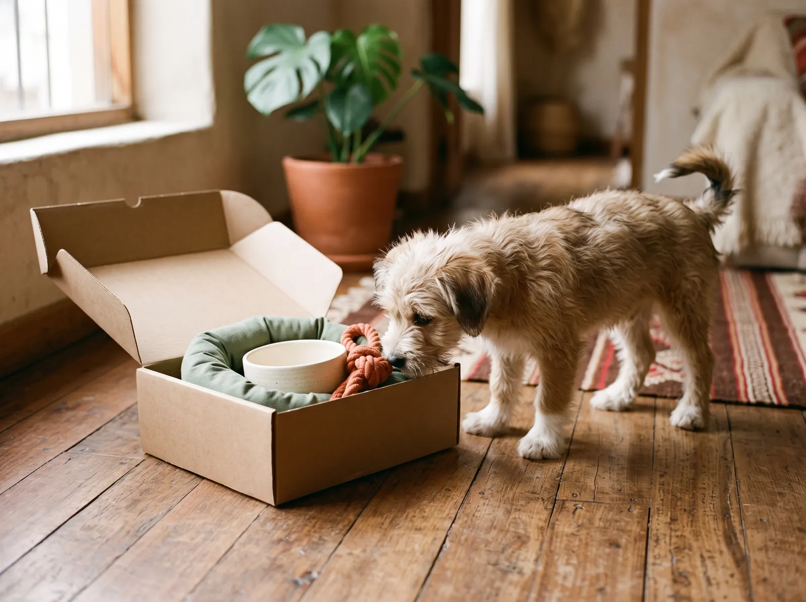 Un cachorro mestizo olfatea una caja de cartón abierta con una camita salvia, un plato crema y un juguete de cuerda terracota.